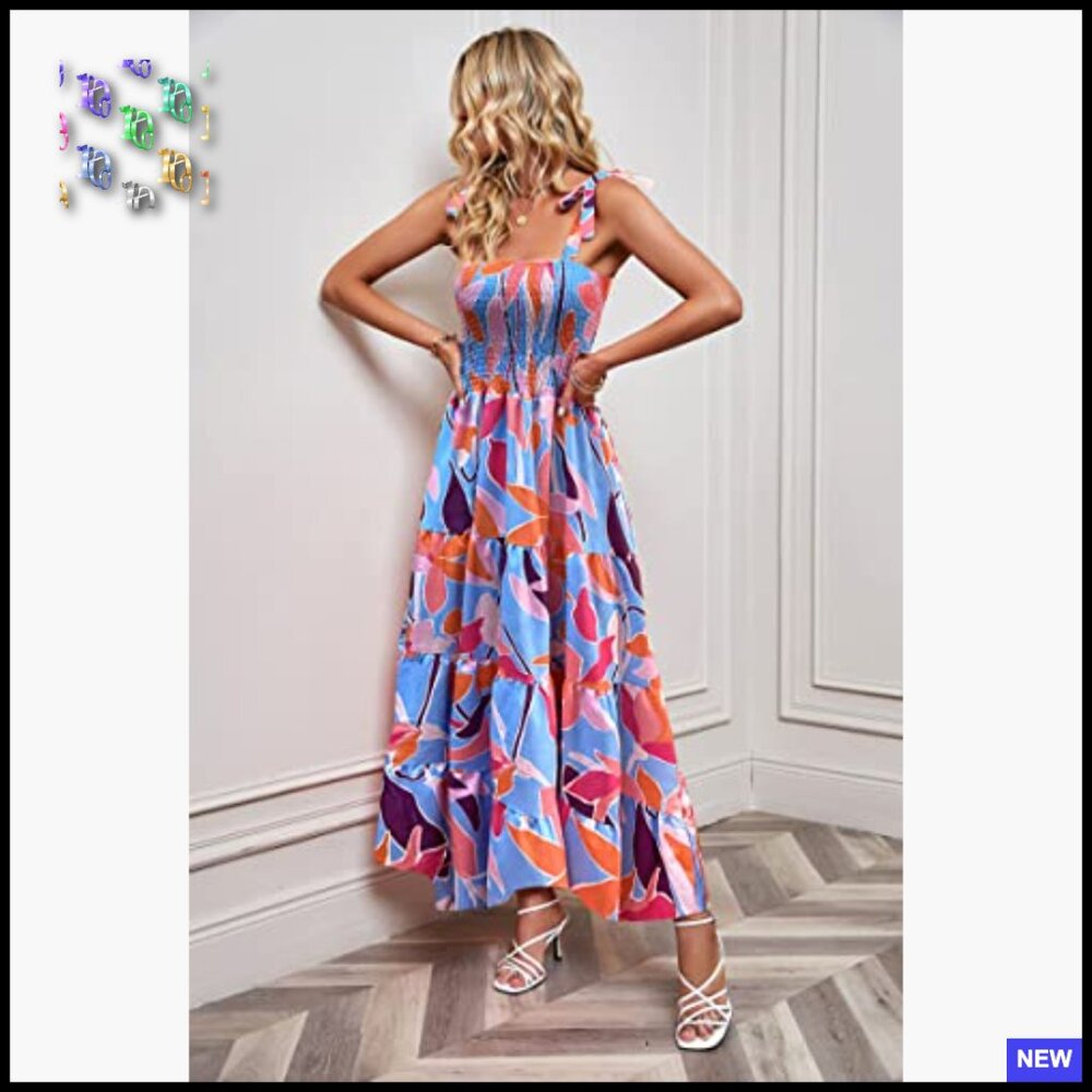 Boho Maxi Dress Summer Casual Flowy Square Neck Spaghetti Strap Ruffle Hem - Picture 2 of 7